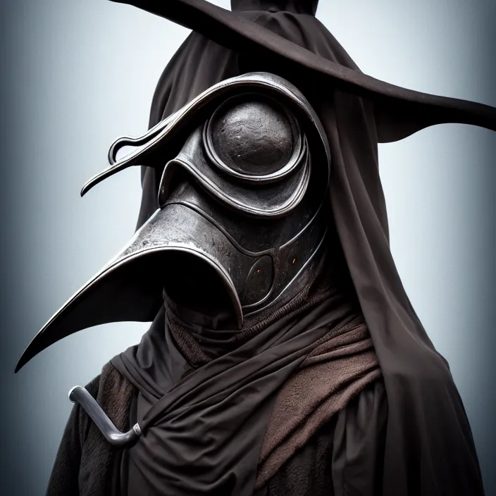 Prompt: portrait photograph of a futuristic plague doctor warrior. Extremely detailed. 8k