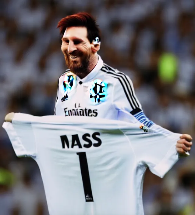 an extremely happy lionel messi using real madrid, Stable Diffusion