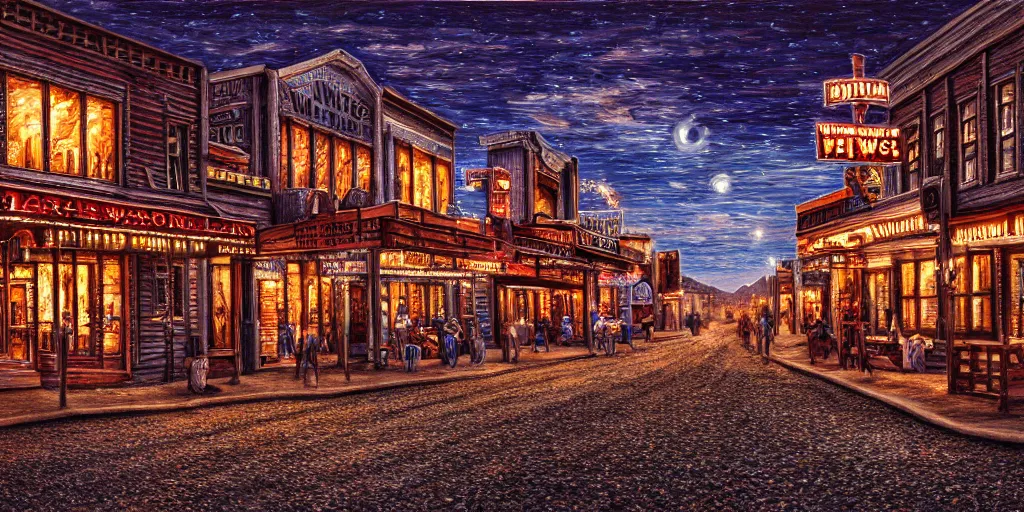 Image similar to photorealist painting of wild west small town, western, old west, nighttime, high production value, intricate details, high resolution, hyperrealistic, hdr, high definition, masterpiece, ultra realistic, highly detailed, hd, sharp focus, non blurry, sharp, smooth