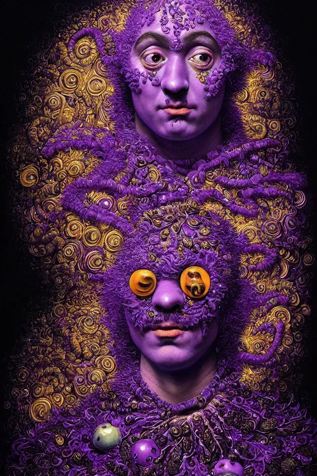 Image similar to bizarre purple blacklight detailed renaissance portrait of cookie monster as a highly detailed realistic real life person, dramatic cinematic lighting, 8 k, beautiful intricate painting by james r eads, giuseppe arcimboldo and tomasz alen kopera