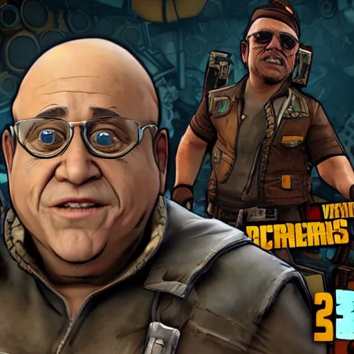 Prompt: a screenshot of danny devito in the video game borderlands 2. 3 d rendering, unreal engine. amazing likeness. very detailed. cartoon caricature