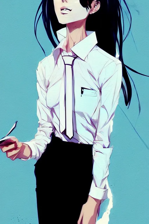 Image similar to a ultradetailed full body portrait of a woman dressed in a white shirt with a tie, by conrad roset, greg rutkowski and makoto shinkai trending on artstation