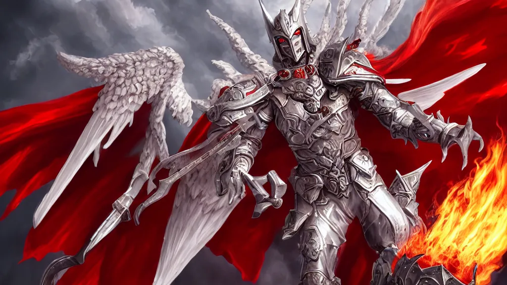 Image similar to male angel flying over hell, flame sword, white metallic armor, red cape, detailed arms, intricate white armor, two arms, two legs, detailed fanart, rpg art, d&d art, macro art, digital art, DeviantArt, artstation, 8k HD