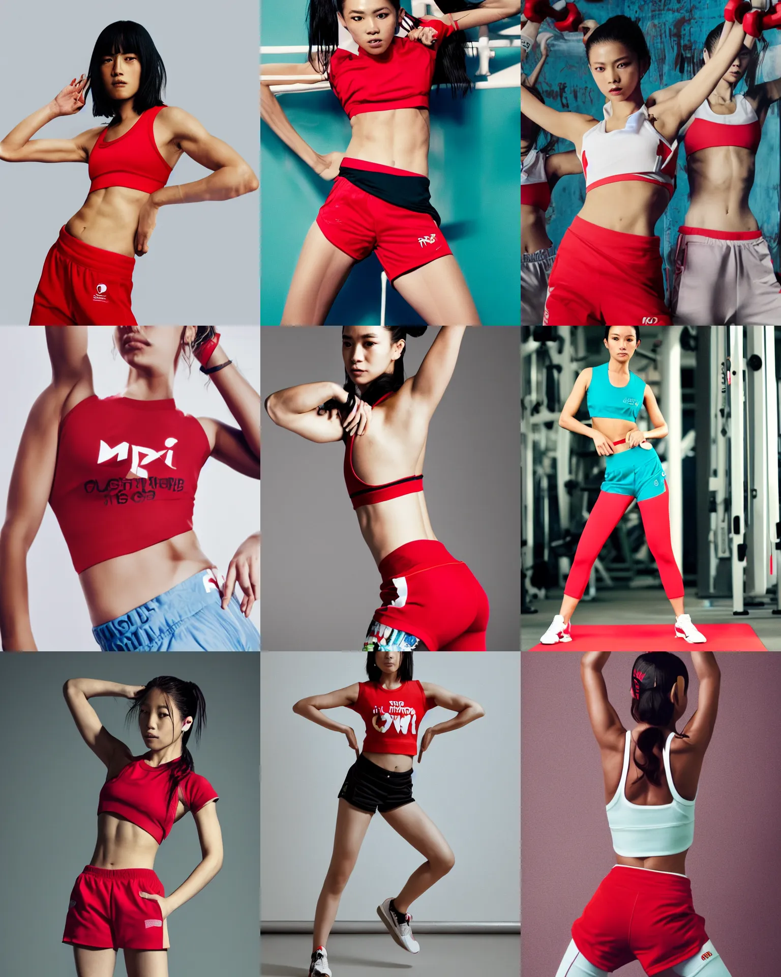 Prompt: miku wearing crop red gym top with white lettering, cropped red yoga short, Advertising photography by Mario Testino, masterwork, cgstudio