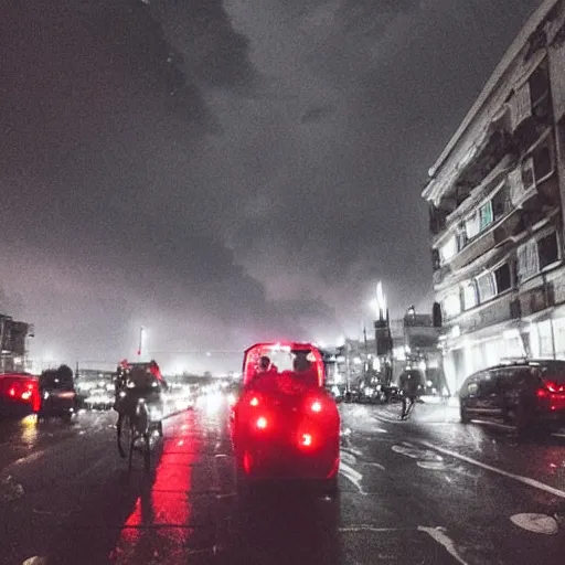 Prompt: City streets Dark night with grey and red bubble clouds in the sky with skull faces in the clouds. Electrical storm hitting the people trying to run for cover