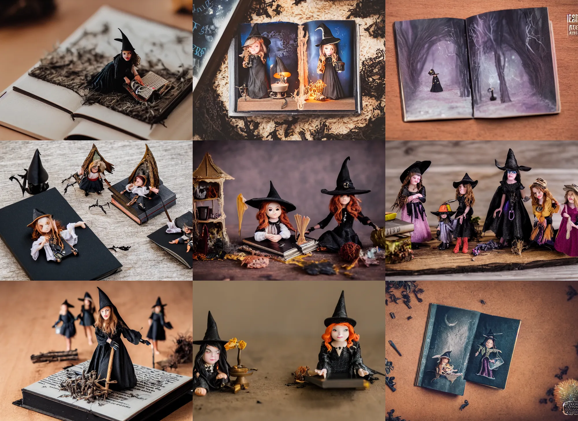 Prompt: photo still of miniature witch coven on a book, 8 k, studio lighting bright ambient lighting key light, 8 5 mm f 1. 8