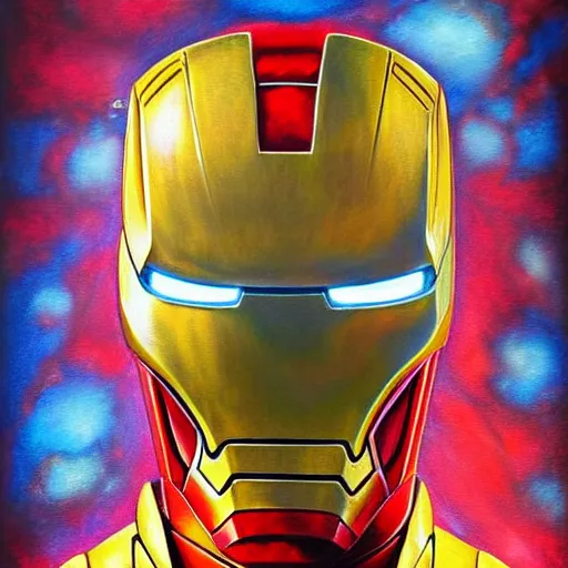 Prompt: iron man in the style of esao andrews, oil painting, pop surrealism, cartoon-tainted abstract surrealism,