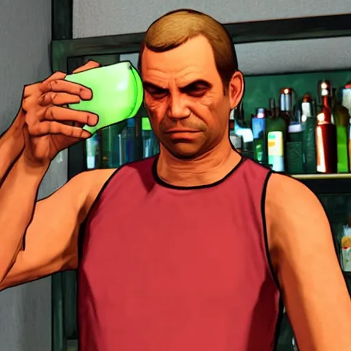 Prompt: michael from gta v drinking alcohol