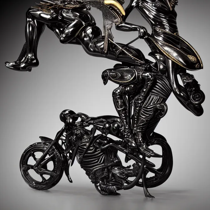 Image similar to fine art statue of masculine black egyptian god on a surrealist motorbike, ebony art deco, carved black marble, inlaid with ebony and gold accents, ebony rococo, wings black lace wear, sculpted by spider zero, zaha hadid, beautifully lit, hyper detailed, intricate, elite, ornate, photorealistic, micro details, 3 d sculpture, ray trace