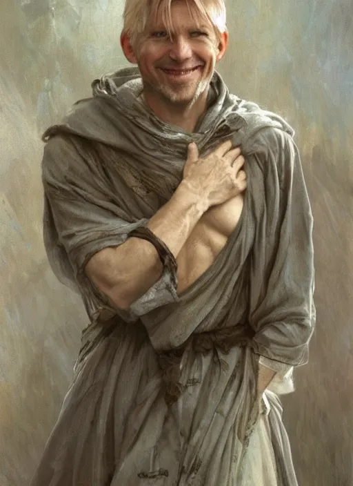 Prompt: a man in his 4 0 s with blonde hair and a friendly smiling face and scars on his arms. he is wearing a tattered grey cloak. portrait painting by artgerm and greg rutkowski and alphonse mucha.