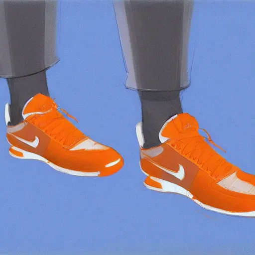 Prompt: a concept art of orange nike shoes, by Craig mullins, Steve Purcell, Ralph McQuarrie. Trending on artstation. Centered image, no background