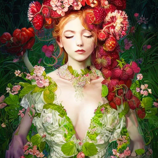 Prompt: the portrait of an absurdly beautiful, graceful, elegant, chaste, young woman made of strawberries and green petals smiling, an ultrafine detailed illustration by kim jung gi, irakli nadar, intricate linework, bright colors, octopath traveler, final fantasy, angular, unreal engine 5 highly rendered, global illumination, radiant light, detailed and intricate environment