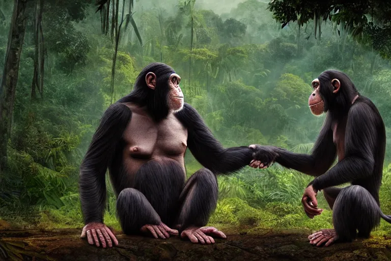 Image similar to rehabilitated chimpanzee giving a thank hug to the robot that saved them from humans, illustartion by greg rutkowski and Shepard Fairy, exhuberant jungle in the background, 35mm, digital painting, cinematic animation film, amazonian jungle, werner herzog