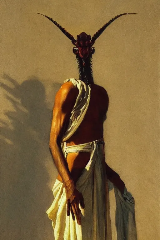 Prompt: a close portrait of a mantis wearing a toga in ancient rome. masterpiece, dramatic light and shadow, saturated colors, ciaroscuro. painted by anders zorn