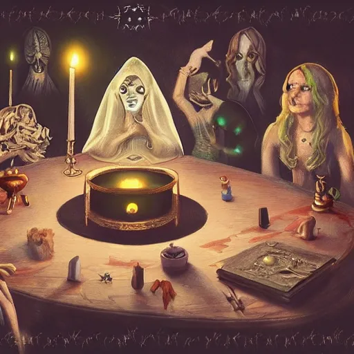 Image similar to A seance, Extremely Highly detailed, Occult, funny, humorous, humor, hilarious, funny, entertaining, magical, trending on artstationHQ