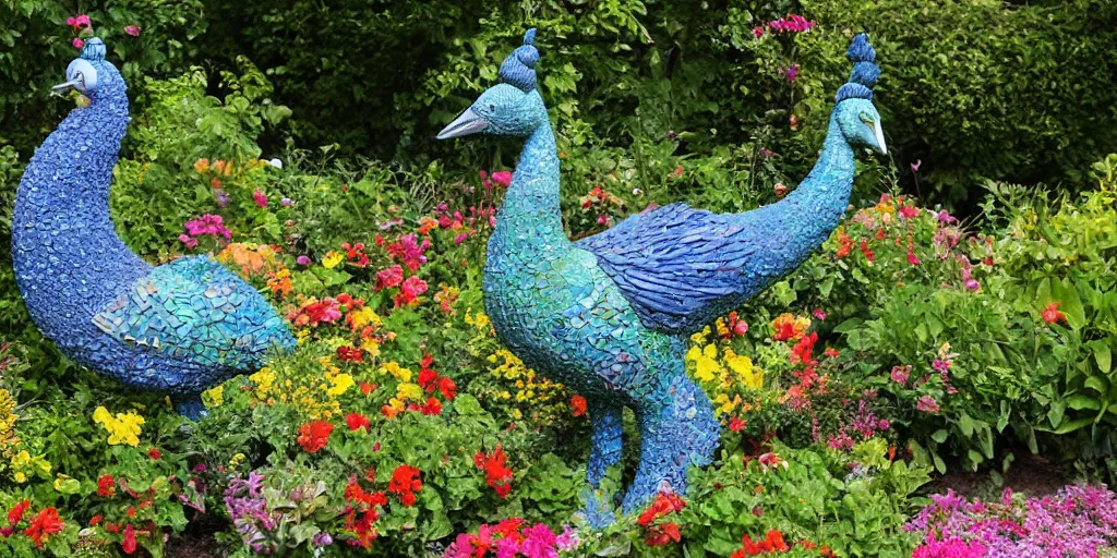 Prompt: folk art garden sculptures in an english cottage garden, cottagecore flower garden, concrete sculpture of a peacock, colorful mosaic, sculpture by wouterina de raad!!!, art by james tellen, highly detailed, realistic anatomical proportions, textured hand built concrete sculpture, amazing concrete sculpture, 4 k