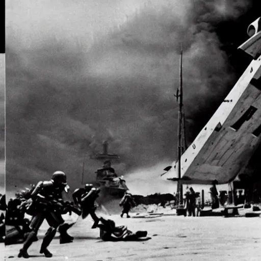 Prompt: stormtrooper fighting in ww2, star destroyer flying in the background