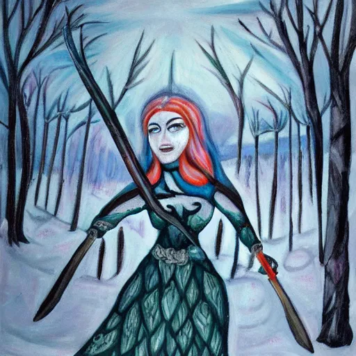 Prompt: frost goddess war axe, broken tower, forest winter, painted vibrant, centered commanding woman, haunting presence 8 9 6