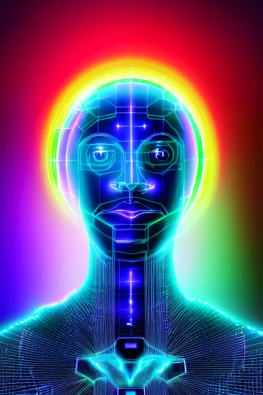 Image similar to portrait of the god of artificial intelligence as a hologram, in front of a rainbow of data, threads of light in the background, extremely high quality artwork, very detailed, obscured face, anthropomorphic silhouette, trending on artstation