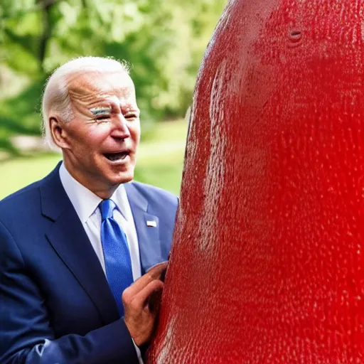 Image similar to portrait photo of Biden finding a giant red mushroom, exhilarated, portrait, closeup. mouth open, 30mm, bokeh