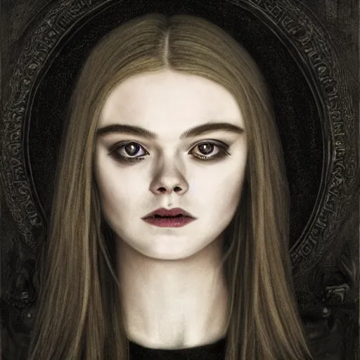 Image similar to a striking esoteric painting of Elle Fanning, dark, metal, black background, occult, by John Waterhouse