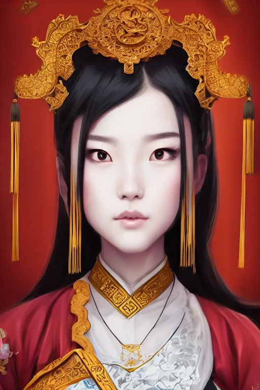 Prompt: a lovely and shiny young empress of qing dynasty, face by artgerm, ross tran, fuji choko, loish, 8 k resolution, attractive, symmetrical portrait, beautifully detailed landscape of ruin, trending on pixiv and pinterest, charming black eyes, luxury