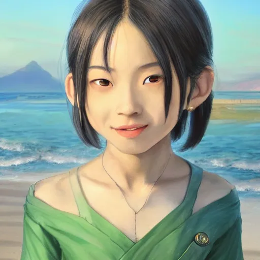 Image similar to beautiful serene intricate photograph of toph beifong from the earth nation as a chinese young girl with pale green eyes, smiling confidently, relaxing on the beach, golden hour, soft focus, 8 k, art by irakli nadar, hyperrealism, hyperdetailed, ultra realistic