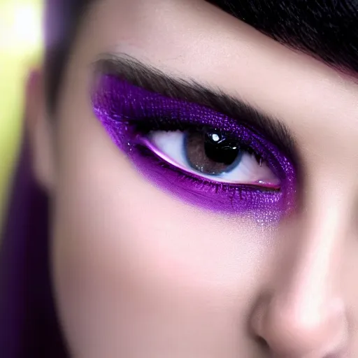 Image similar to Pale-skinned Persian girl, black hime cut, purple eyes, mysterious girl, close up, photograph