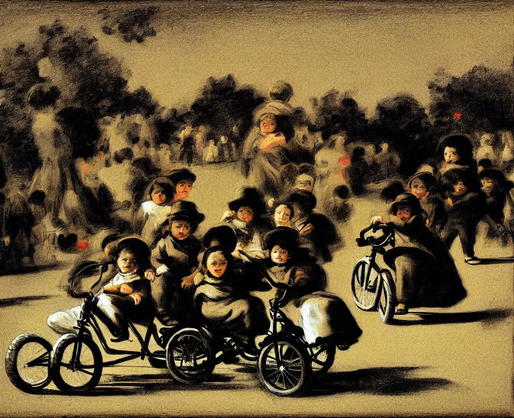 Prompt: children riding tricycles in the park, in the style of francisco goya's black paintings