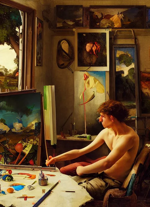 Image similar to a young painter in his studio painting a picture of a colourful pokemon, by edgar maxence and caravaggio and michael whelan and delacroix style, artistic, intricate drawing, cinematic lighting, hyper realistic, extremely detailed, establishing shot, 8 k resolution, dramatic lighting