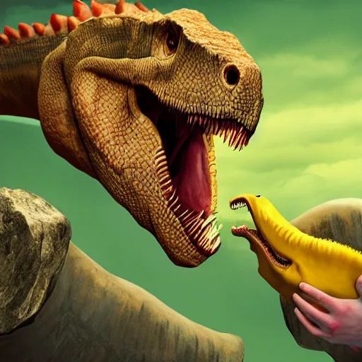 Image similar to dinosaur eating banana, 8 k, hd, trending on artstation