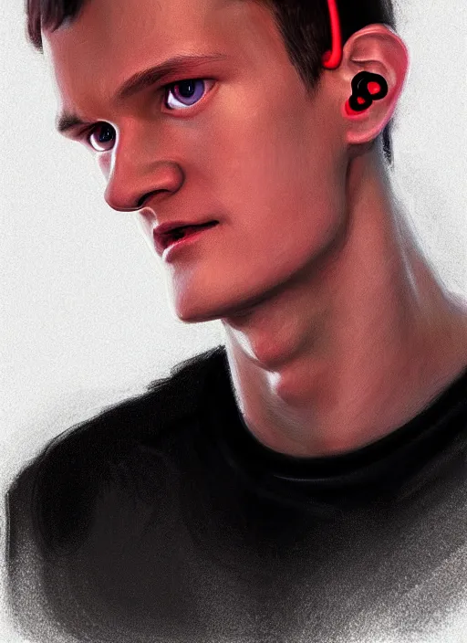 Image similar to portrait of vitalik buterin with hazel eyes, hazel colored eyes, red shirt, headphones, intricate, elegant, glowing lights, highly detailed, digital painting, artstation, concept art, smooth, sharp focus, illustration, art by wlop, mars ravelo and greg rutkowski