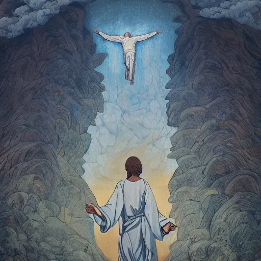 Prompt: the transfiguration of jesus christ on the mount of olices, an ultrafine detailed painting by james jean, studio ghibli, behance contest winner, vanitas, angular, altermodern