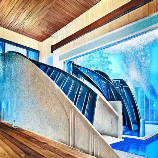 Image similar to waterslides in a house, digital art, cinematic lighting, epic composition, highly detailed