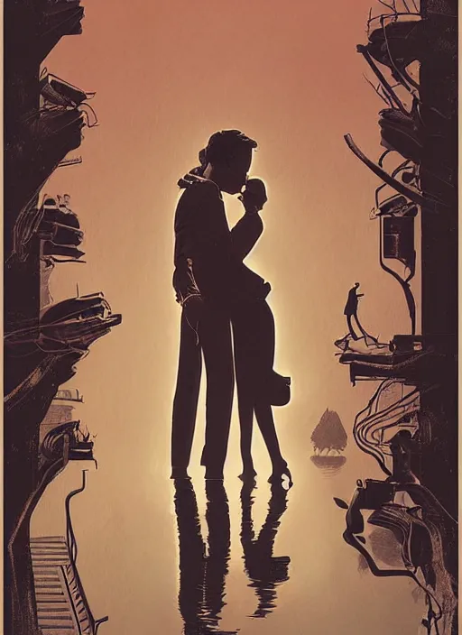 Image similar to poster artwork by Michael Whelan and Tomer Hanuka, Karol Bak of Naomi Watts & Jon Hamm husband & wife portrait, in the pose of The Notebook poster, from scene from Twin Peaks, clean, simple illustration, nostalgic, domestic, full of details