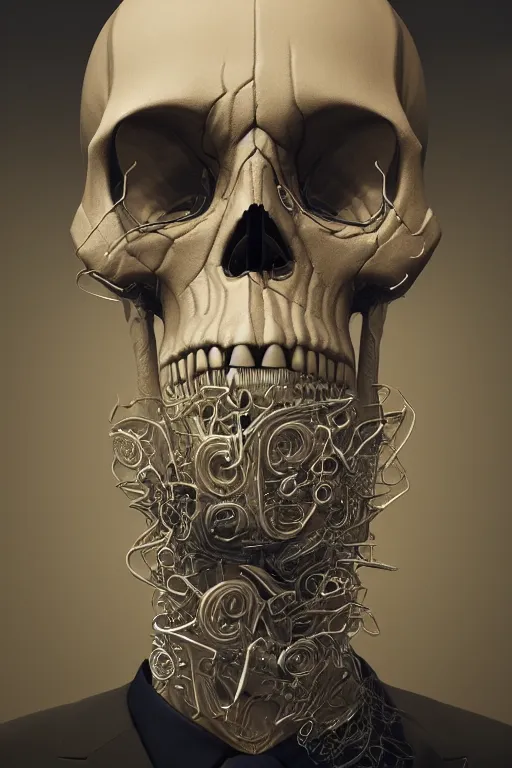 Image similar to portrait of a skull in a suit, intricate, abstract, intricate artwork, nightmare fuel by tooth wu wlop beeple dan mumford, octane render