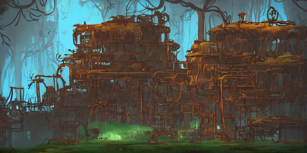 Image similar to rusty abandoned factory in the style of ori and the blind forest