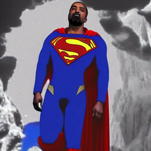 Image similar to Kanye West as superman 4k quality super realistic