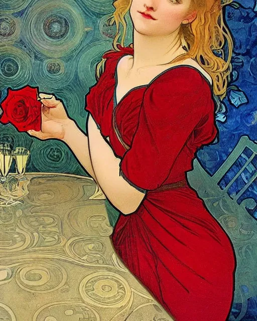 Prompt: A highly realistic painting of a woman with blonde hair with a rose pattern on her dress, red dress with blue pattern, deep moody colors, by Alphonse Mucha, glass in the background
