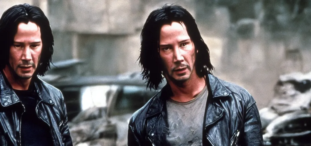 Prompt: A film still of Keanu Reeves as The Terminator