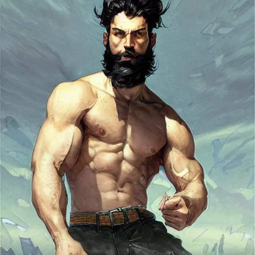 Prompt: a chad with wavy black hair and a beard. muscular. godlike. tank top. using a computer., picture by greg rutkowski, dynamic pose, intricate, futuristic, fantasy, elegant, by stanley artgerm lau, greg rutkowski, thomas kindkade, alphonse mucha, loish, norman rockwell,