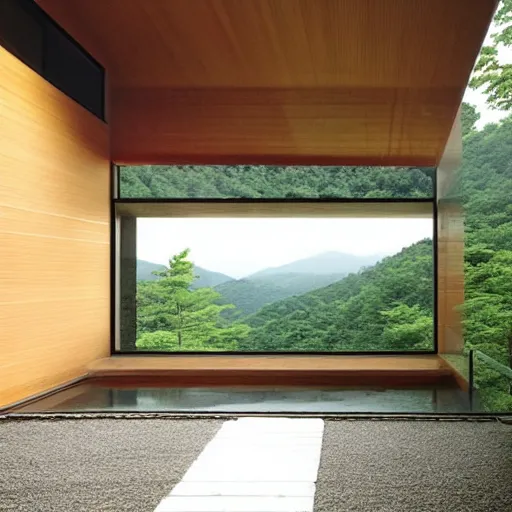 Image similar to “extravagant luxury mountain home, in Karuizawa, by Tadao Ando, modern rustic, stone, zen, summer rain, mist”