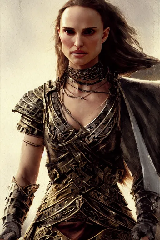 Image similar to natalie portman, legendary warrior, heroic, lord of the rings, tattoos, decorative ornaments, battle armor, by carl spitzweg, ismail inceoglu, vdragan bibin, hans thoma, greg rutkowski, alexandros pyromallis, perfect face, fine details, realistic shading photorealism