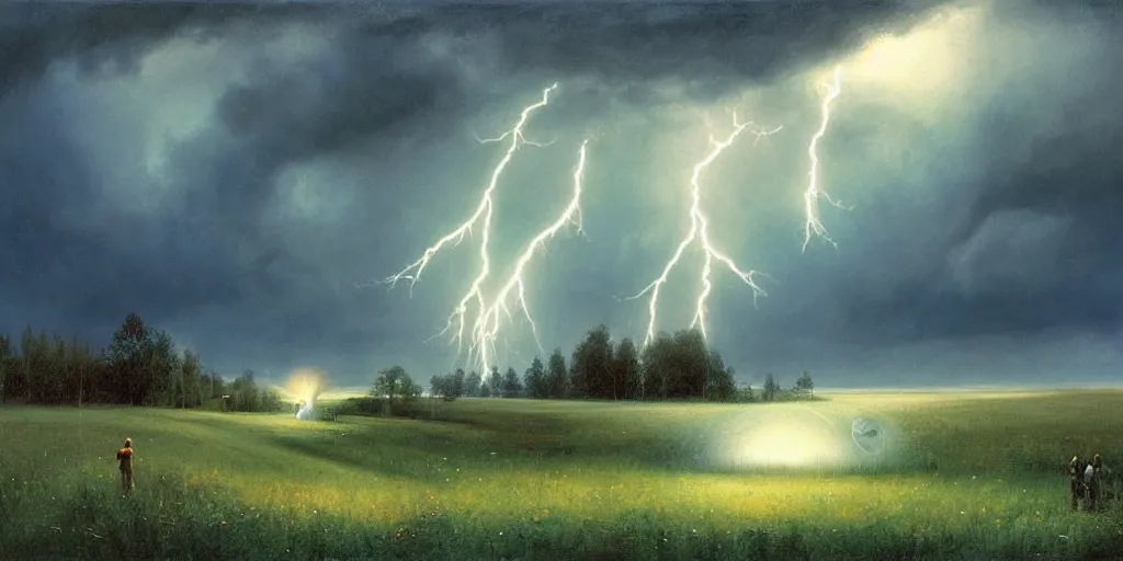 Image similar to a raging storm over a meadow with lightning ripping open an iridescent portal to blue skies behind, illustration, detailed, smooth, soft, warm, by Adolf Lachman, Shaun Tan, Surrealism