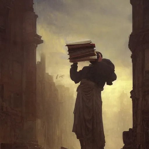 Image similar to half portait of magican wearing a closed cowl holding a big old book! chained!!! to his wrist, jeremy mann, jean leon gerome, alphonse mucha, greg rutkowski, hood covers his eyes, ( ( ruins of ancient rome ) ), at dusk, mysterious atmosphere, sunrays, dof, masterpiece, high detailed, 8 k