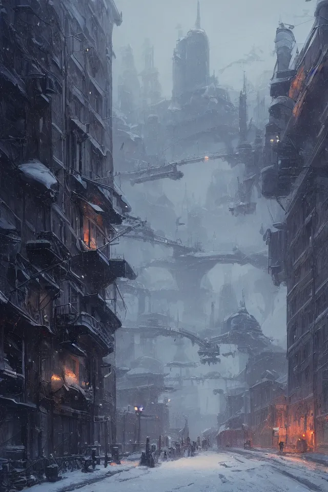 Image similar to highly detailed painting of dieselpunk stockholm, winter, snow, dystopia, by greg rutkowski, by raphael lacoste, 4 k resolution, trending on artstation