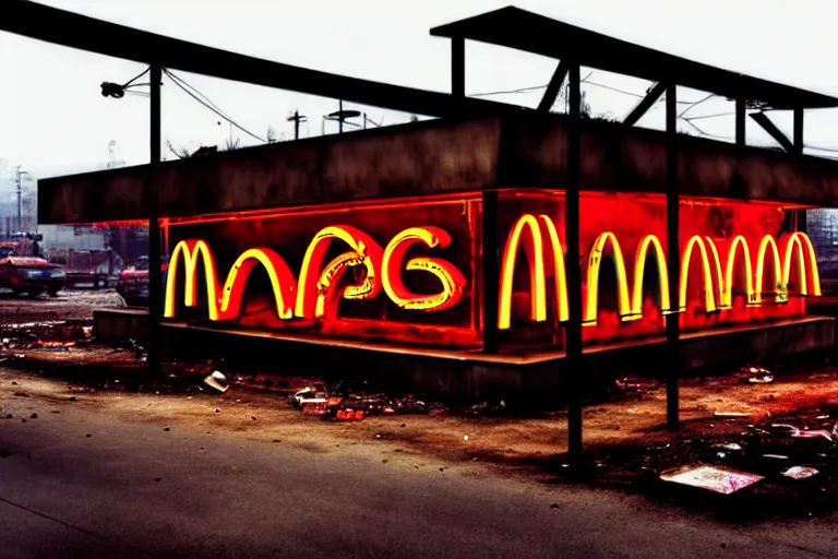 Prompt: post apocalyptic mcdonalds being used as a shelter, dystopian, fire, people huddled, night, neon sign, rust