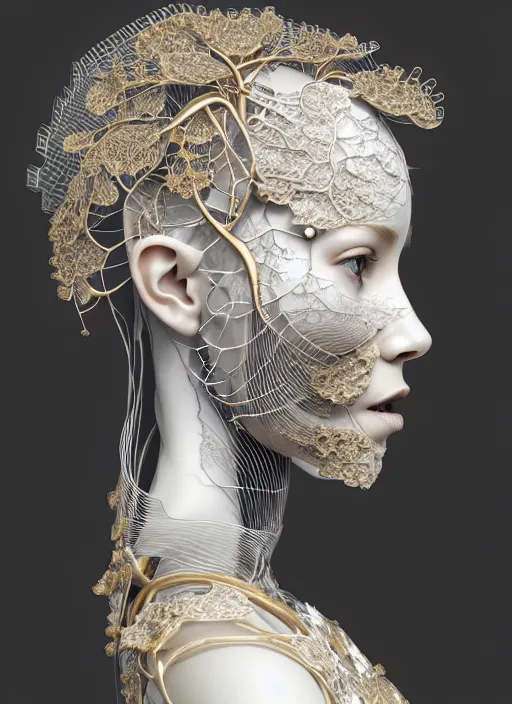 Prompt: complex 3d render ultra detailed of a beautiful porcelain profile woman face, mechanical cyborg, 150 mm, beautiful natural soft light, rim light, silver gold details, magnolia big leaves and stems, roots, fine foliage lace, maze like, mesh wire, intricate details, hyperrealistic, ultra detailed, mandelbrot fractal, anatomical, white metal neocubism armor, red lips, facial muscles, cable wires, microchip, elegant, octane render, H.R. Giger style, 8k