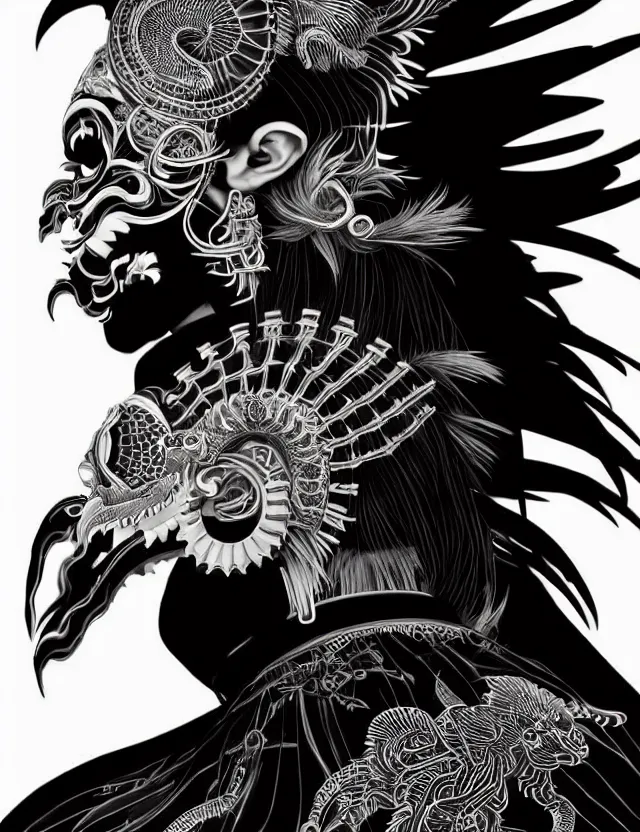 Image similar to 3 d goddess close - up profile simple portrait punk with mohawk with goat skull. beautiful intricately detailed japanese crow kitsune mask and clasical japanese kimono. betta fish, jellyfish phoenix, bio luminescent, plasma, ice, water, wind, creature, artwork by tooth wu and wlop and beeple and greg rutkowski