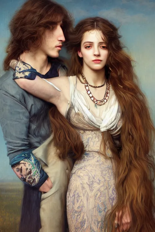 Image similar to a portrait of handsome young male rock star with long hair and his elegant beautiful bohemian wife, bored, illustration, dramatic lighting, soft details, painting oil on canvas, art nouveau, octane render, HDR, 4k, 8k, HD, by Edmund Blair Leighton, Brom, Charlie Bowater, trending on artstation, faces by Tom Bagshaw, Sargent
